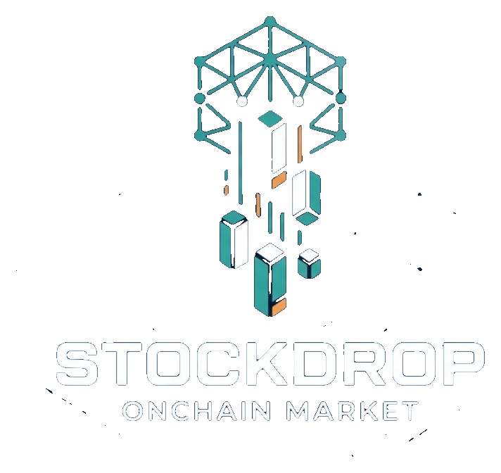 STOCKDROP emblem: an isometric gantry with candlestick blocks falling toward the trading floor